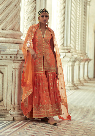 Gopi Vaid-Rakhi Orange Kurta And Sharara Set-INDIASPOPUP.COM