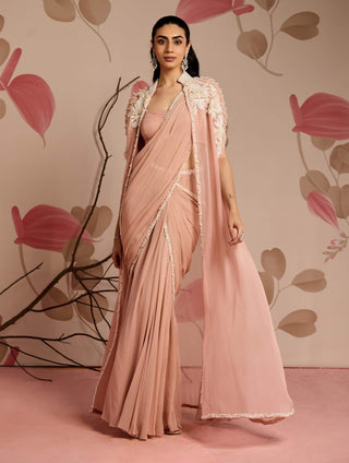 Dusty pink embellished cape jacket and draped sari set