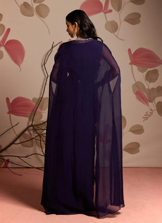 Midnight blue cape jacket and dhoti style sari with belt