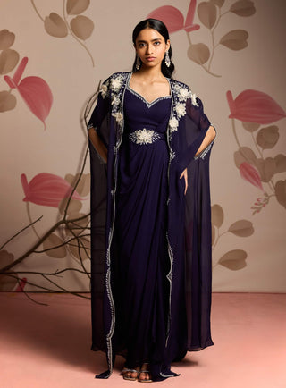 Midnight blue cape jacket and dhoti style sari with belt