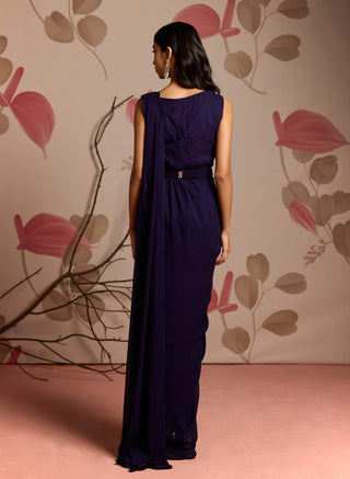 Midnight blue cape jacket and dhoti style sari with belt