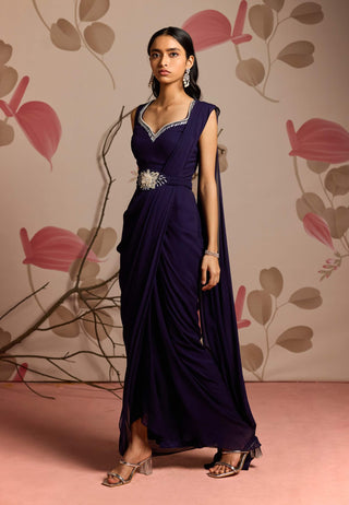 Midnight blue cape jacket and dhoti style sari with belt