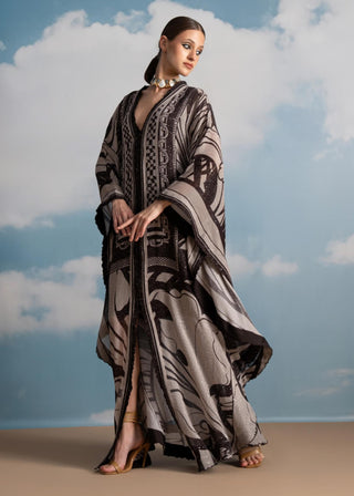 Chocolate Swirl Print Front Open Kaftan by Nikita Mhaisalkar available on Indiaspopup.com