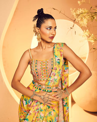 Aneesh Agarwaal-Yellow Pre-Draped Dhoti Sari Set-INDIASPOPUP.COM