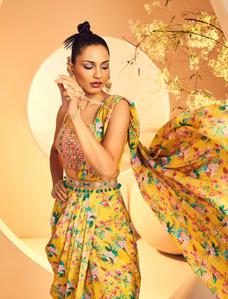 Aneesh Agarwaal-Yellow Pre-Draped Dhoti Sari Set-INDIASPOPUP.COM