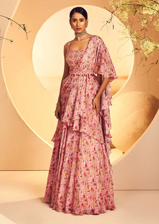Aneesh Agarwaal-Pink Printed Pre-Draped Ruffle Sari Set-INDIASPOPUP.COM
