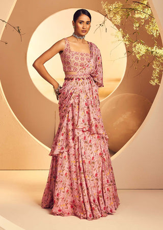 Aneesh Agarwaal-Pink Printed Pre-Draped Ruffle Sari Set-INDIASPOPUP.COM