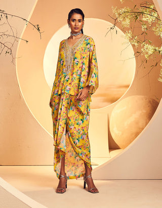 Aneesh Agarwaal-Yellow Chintz Printed Poncho And Dhoti-INDIASPOPUP.COM