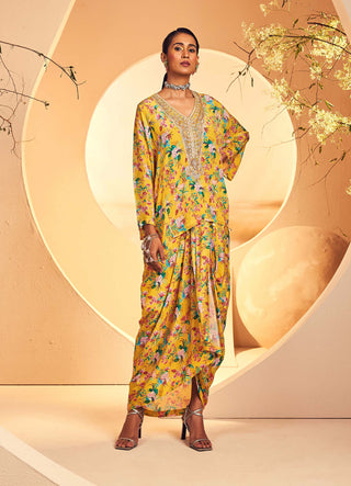 Aneesh Agarwaal-Yellow Chintz Printed Poncho And Dhoti-INDIASPOPUP.COM