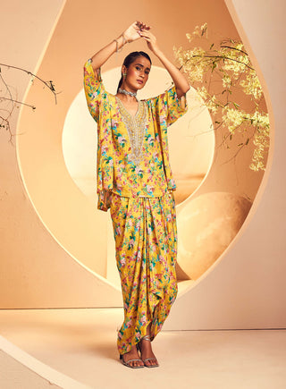 Aneesh Agarwaal-Yellow Chintz Printed Poncho And Dhoti-INDIASPOPUP.COM