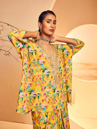 Aneesh Agarwaal-Yellow Chintz Printed Poncho And Dhoti-INDIASPOPUP.COM