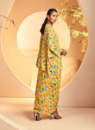 Aneesh Agarwaal-Yellow Chintz Printed Poncho And Dhoti-INDIASPOPUP.COM