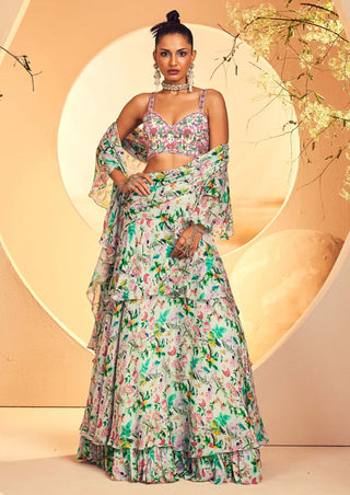 Aneesh Agarwaal-Foliage Printed Layered Pre-Stitched Sari Set-INDIASPOPUP.COM