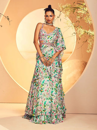 Aneesh Agarwaal-Foliage Printed Layered Pre-Stitched Sari Set-INDIASPOPUP.COM