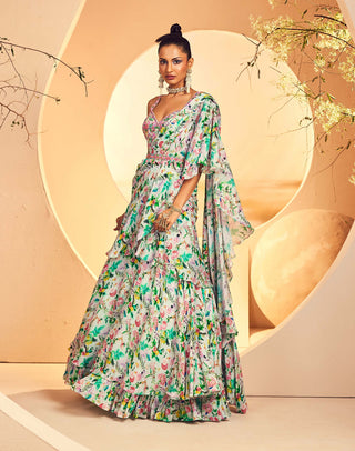 Aneesh Agarwaal-Foliage Printed Layered Pre-Stitched Sari Set-INDIASPOPUP.COM