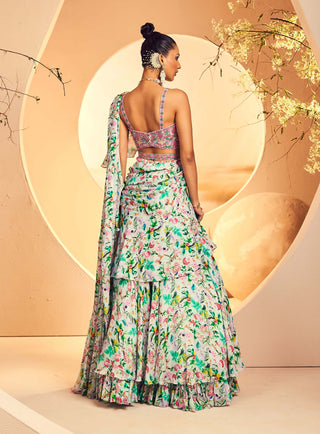 Aneesh Agarwaal-Foliage Printed Layered Pre-Stitched Sari Set-INDIASPOPUP.COM