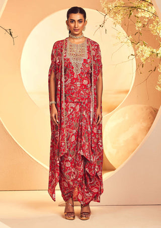 Aneesh Agarwaal-Red Kalamkari Printed Kurta And Dhoti Set-INDIASPOPUP.COM