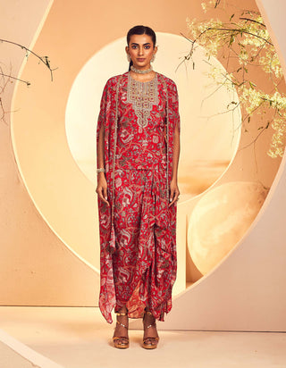 Aneesh Agarwaal-Red Kalamkari Printed Kurta And Dhoti Set-INDIASPOPUP.COM