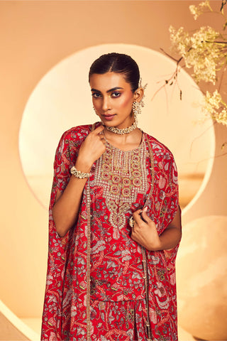 Aneesh Agarwaal-Red Kalamkari Printed Kurta And Dhoti Set-INDIASPOPUP.COM