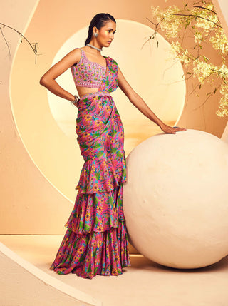 Aneesh Agarwaal-Pink Layered Sharara Sari Set-INDIASPOPUP.COM