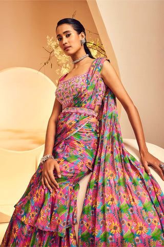 Aneesh Agarwaal-Pink Layered Sharara Sari Set-INDIASPOPUP.COM