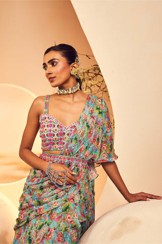 Aneesh Agarwaal-Floral Printed Layered Pre-Stitched Sari Set-INDIASPOPUP.COM