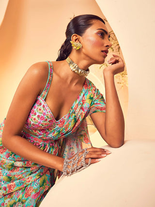 Aneesh Agarwaal-Floral Printed Layered Pre-Stitched Sari Set-INDIASPOPUP.COM