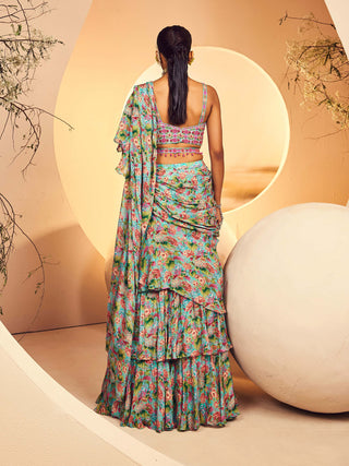 Aneesh Agarwaal-Floral Printed Layered Pre-Stitched Sari Set-INDIASPOPUP.COM