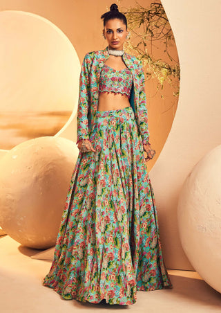 Aneesh Agarwaal-Aqua Printed Skirt And Jacket Set-INDIASPOPUP.COM