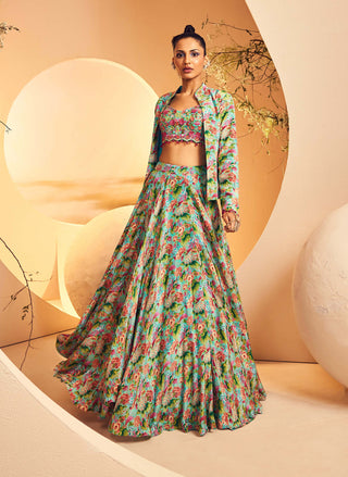 Aneesh Agarwaal-Aqua Printed Skirt And Jacket Set-INDIASPOPUP.COM