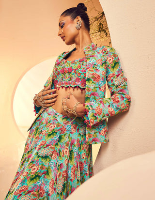 Aneesh Agarwaal-Aqua Printed Skirt And Jacket Set-INDIASPOPUP.COM