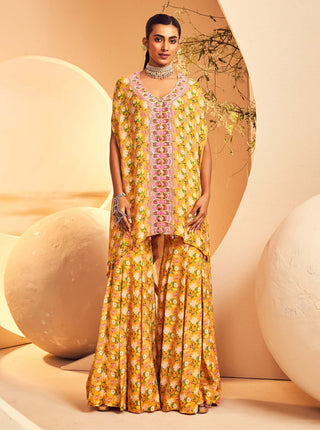 Aneesh Agarwaal-Yellow Floral Kaftan With Sharara-INDIASPOPUP.COM