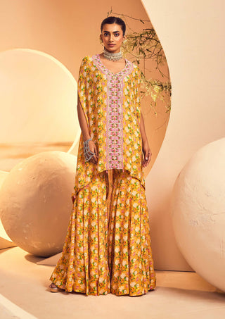 Aneesh Agarwaal-Yellow Floral Kaftan With Sharara-INDIASPOPUP.COM