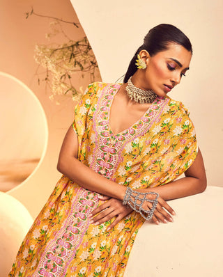 Aneesh Agarwaal-Yellow Floral Kaftan With Sharara-INDIASPOPUP.COM