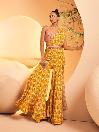 Aneesh Agarwaal-Yellow Layered Sharara Sari Set-INDIASPOPUP.COM