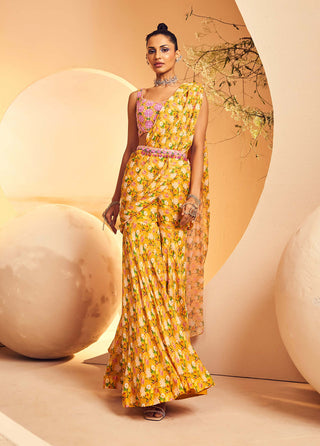 Aneesh Agarwaal-Yellow Layered Sharara Sari Set-INDIASPOPUP.COM