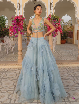 Light Blue Floral Lehenga Set by The Little Black Bow available on Indiaspopup