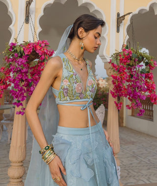 Light Blue Floral Lehenga Set by The Little Black Bow available on Indiaspopup