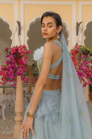 Light Blue Floral Lehenga Set by The Little Black Bow available on Indiaspopup