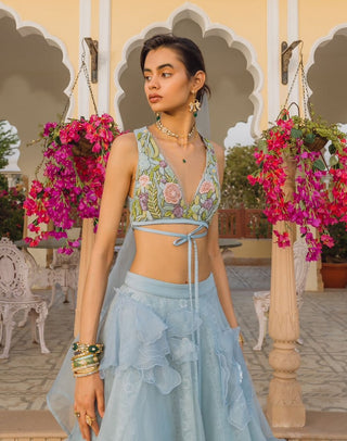 Light Blue Floral Lehenga Set by The Little Black Bow available on Indiaspopup