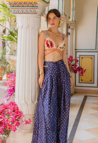 Navy Bandhani Trousers And Bralette by The Little Black Bow available on Indiaspopup