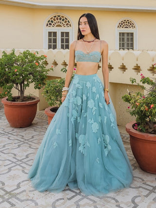Sky Blue Floral Skirt And Bralette by The Little Black Bow available on Indiaspopup