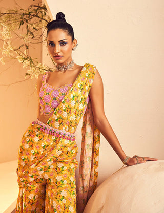 Aneesh Agarwaal-Yellow Layered Sharara Sari Set-INDIASPOPUP.COM