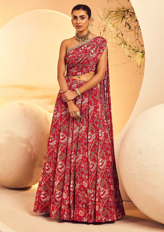Aneesh Agarwaal-Red Rouched Blouse And Lehenga-INDIASPOPUP.COM