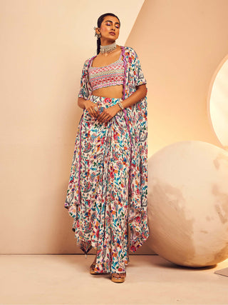 Aneesh Agarwaal-Folk Printed Skirt And Cape Set-INDIASPOPUP.COM