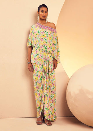 Aneesh Agarwaal-Floral Printed Draped Dress-INDIASPOPUP.COM