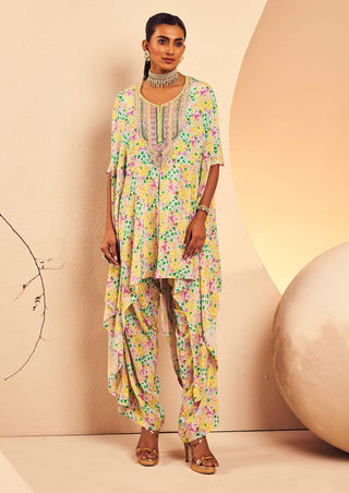 Aneesh Agarwaal-Floral Printed Poncho Kurta And Dhoti-INDIASPOPUP.COM