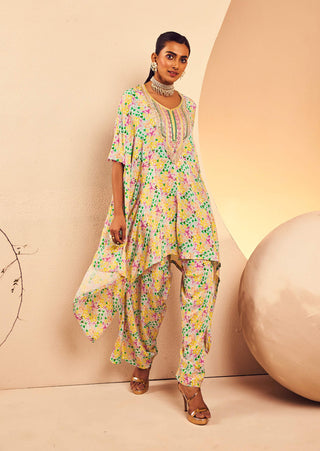 Aneesh Agarwaal-Floral Printed Poncho Kurta And Dhoti-INDIASPOPUP.COM