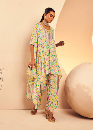 Aneesh Agarwaal-Floral Printed Poncho Kurta And Dhoti-INDIASPOPUP.COM