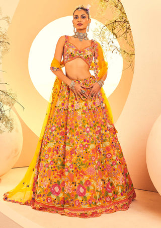 Aneesh Agarwaal-Yellow Botanical Pattern Lehenga Set-INDIASPOPUP.COM